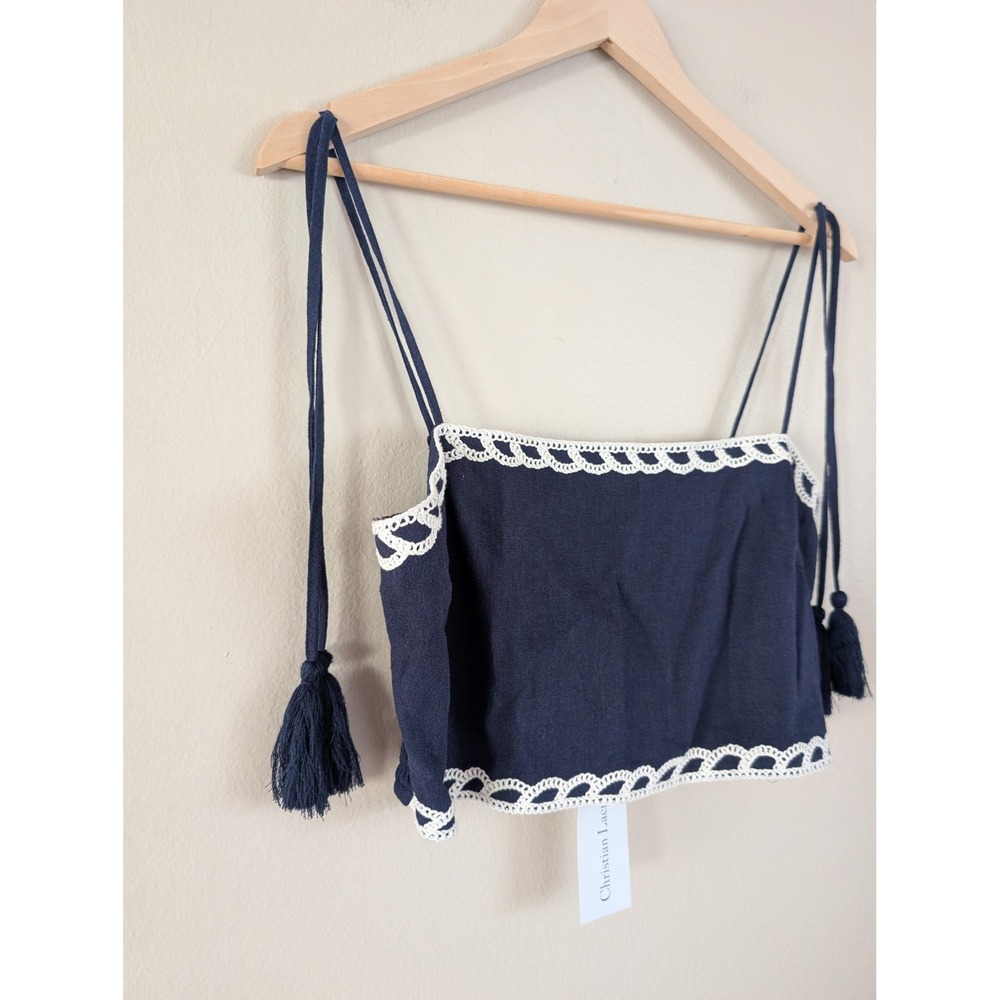 Christian Lacroix Navy Blue Linen Crochet Tassel Tie Crop Top M Festival Summer - Picture 3 of 9